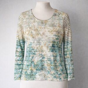 Coldwater Creek Cottagecore Top Lined Green Watercolor Ribbed Botanical